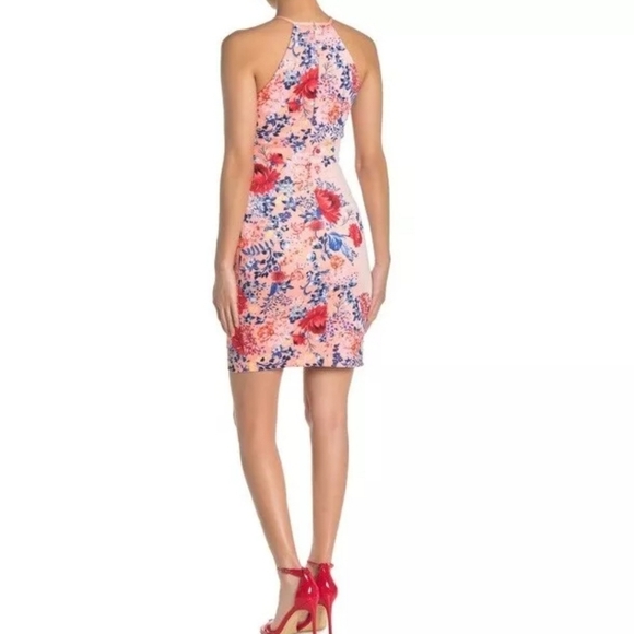 GUESS Women's Coral Multi Floral Print Halter Keyhole Lined Sheath Dress, Size 0 - Picture 5 of 13